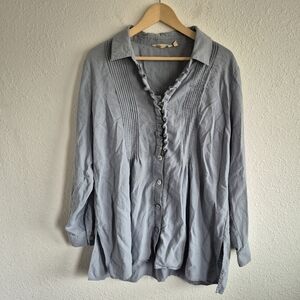 Soft Surroundings Gray Blue Ruffle Pleated Button Linen Blend Tunic Top Size XL